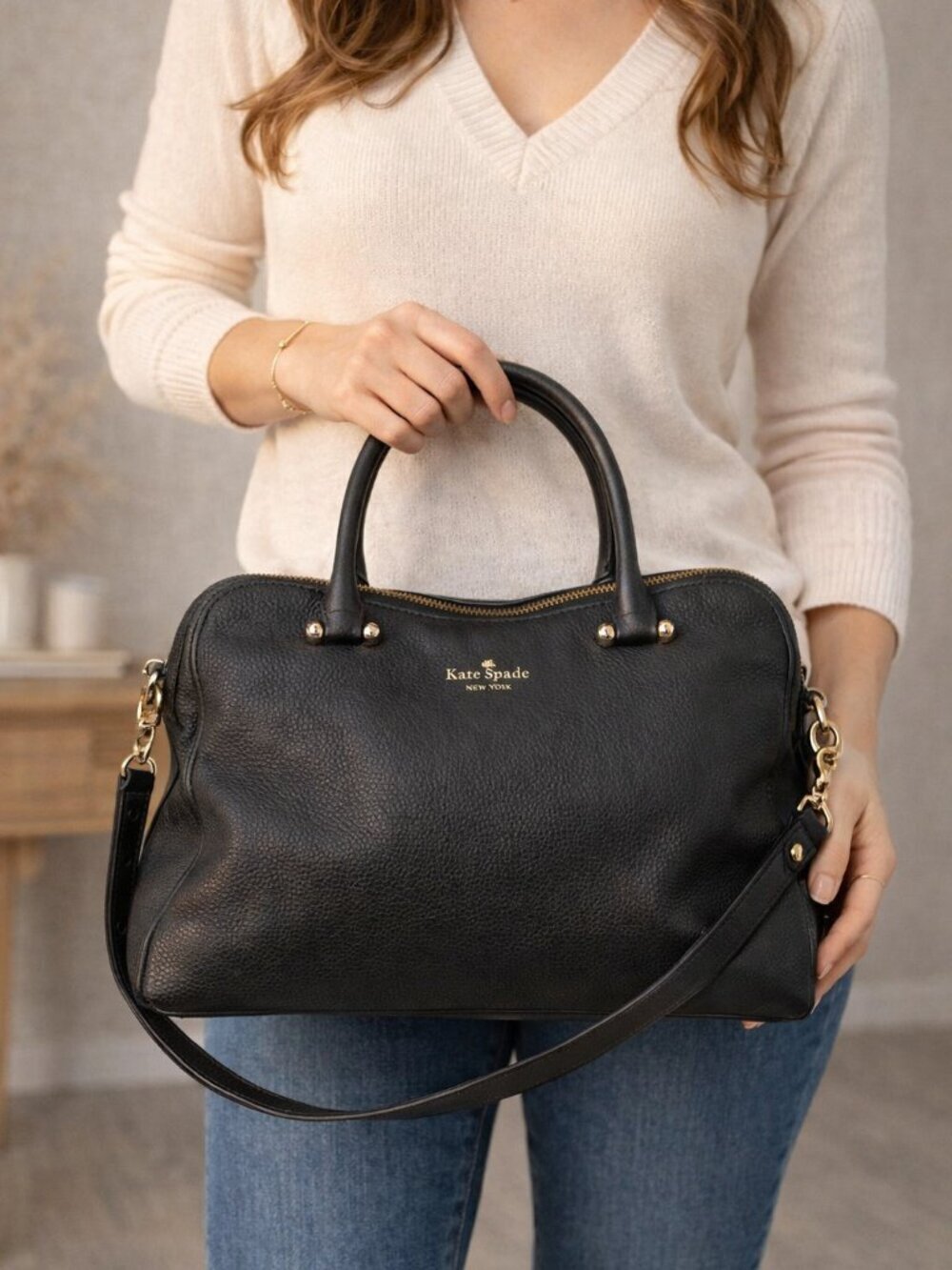 Kate Spade Black Pebbled Leather Satchel Crossbody Bag Gold Hardware